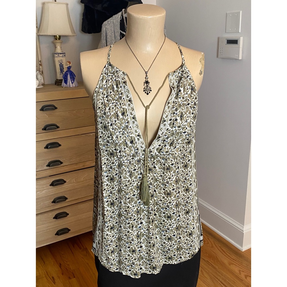 Joie Womens XS Silk Halter Top Olive Green Floral Paisley Tassel V-Neck